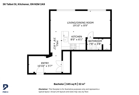 Floor plan for studio, 1 bath